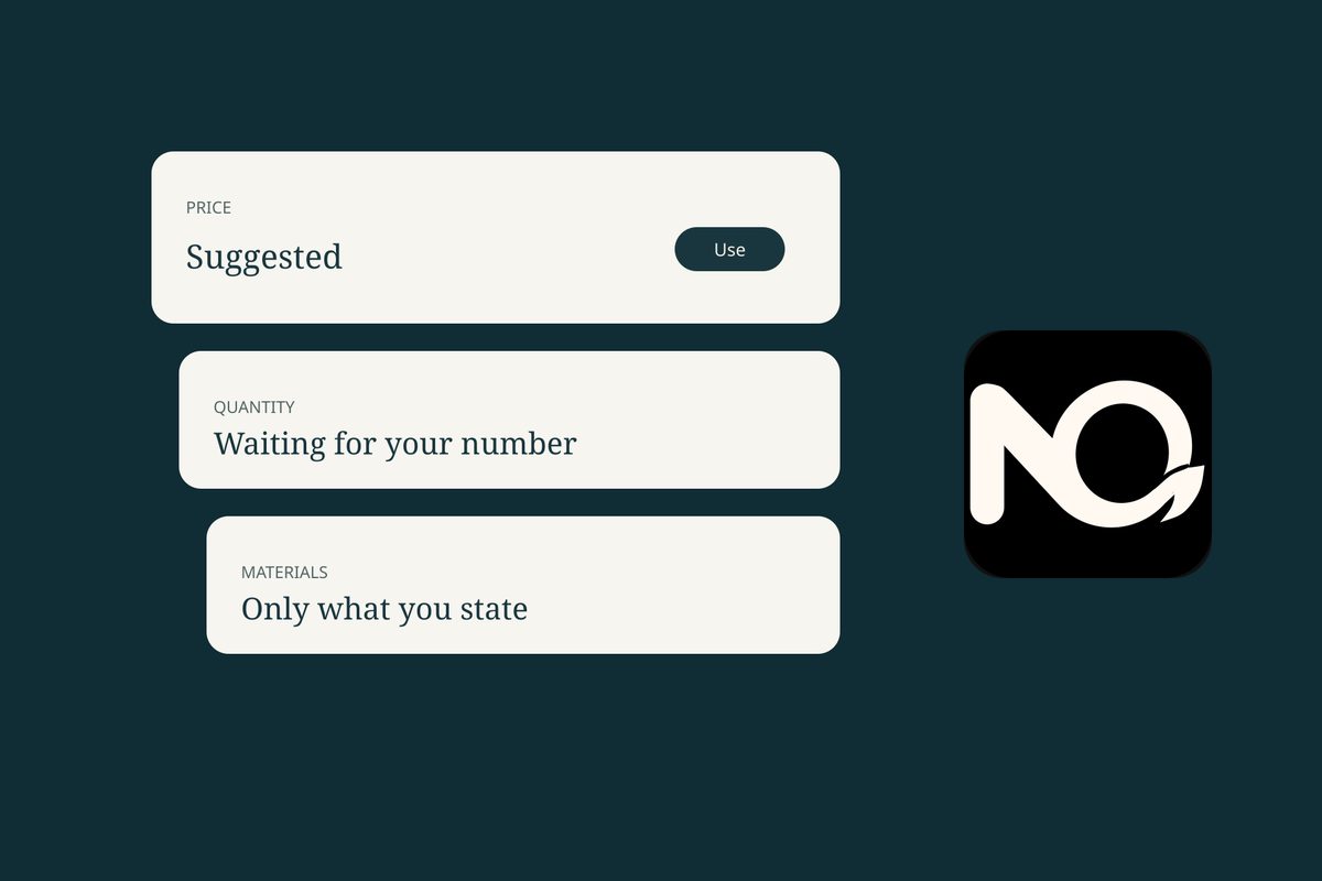 Three paper question cards for price, quantity, and materials on a dark surface, beside a cream NQuire mark on black.
