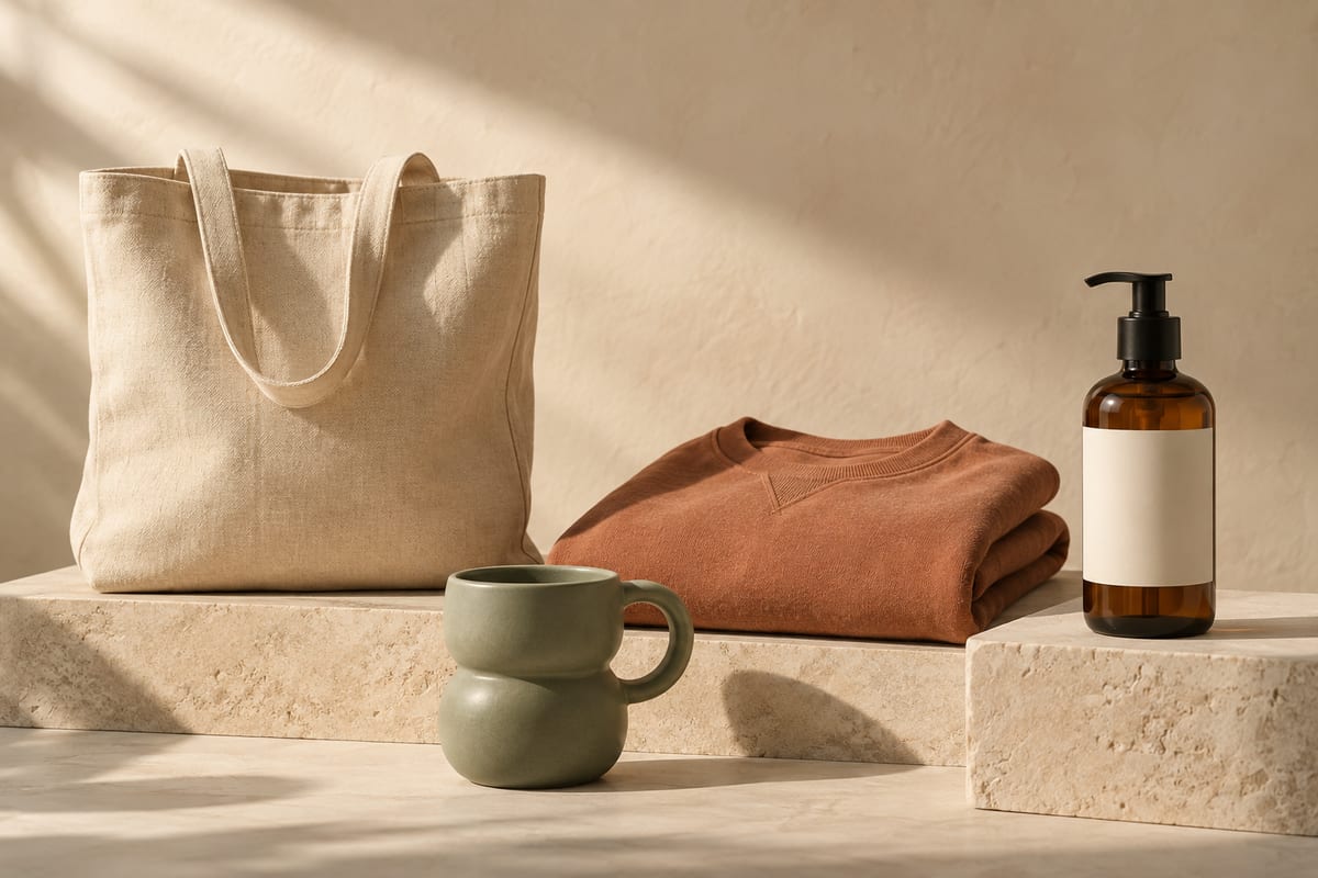 Sample skincare, apparel, tote bag, and ceramic products