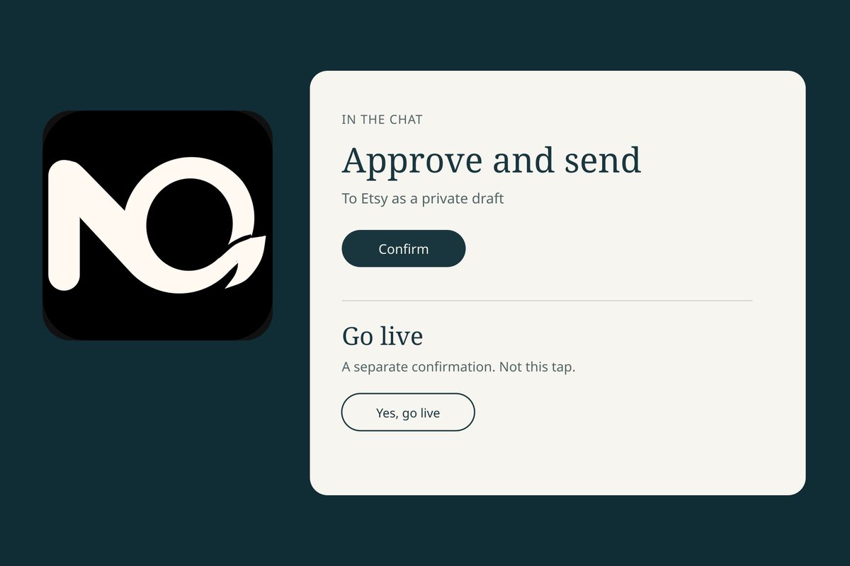 Cream NQuire mark on a black rounded square, beside a paper card with Approve and send and a separate Go live step.