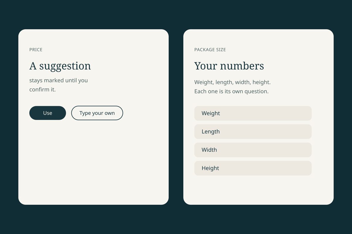 A price suggestion with Use, beside separate package fields for weight, length, width, and height